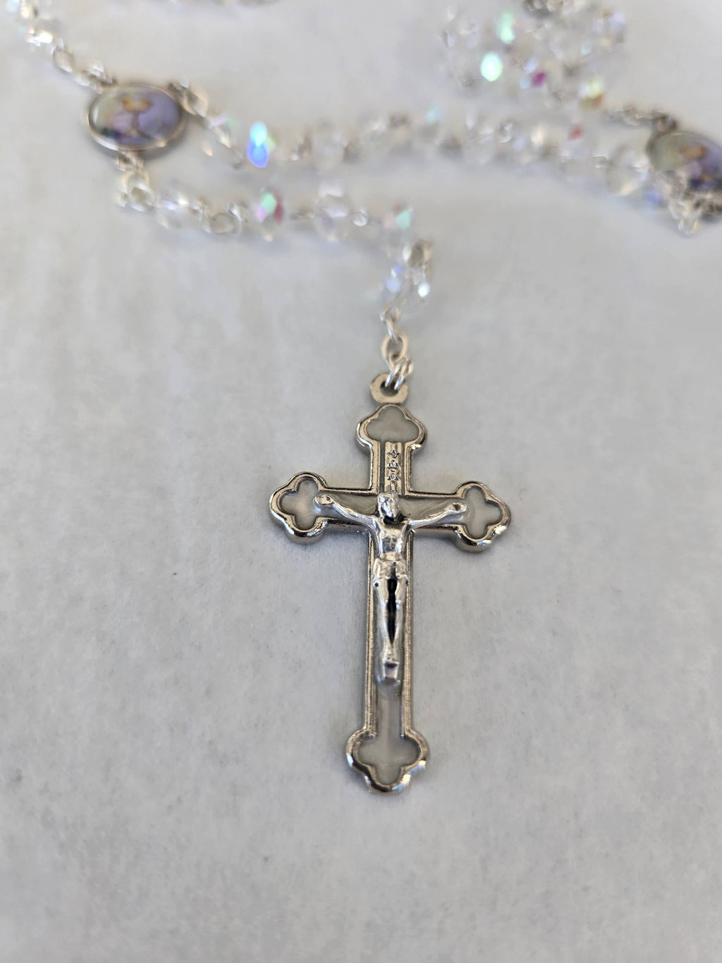 First Communion Rosary - Clear Aurora Borealis beads