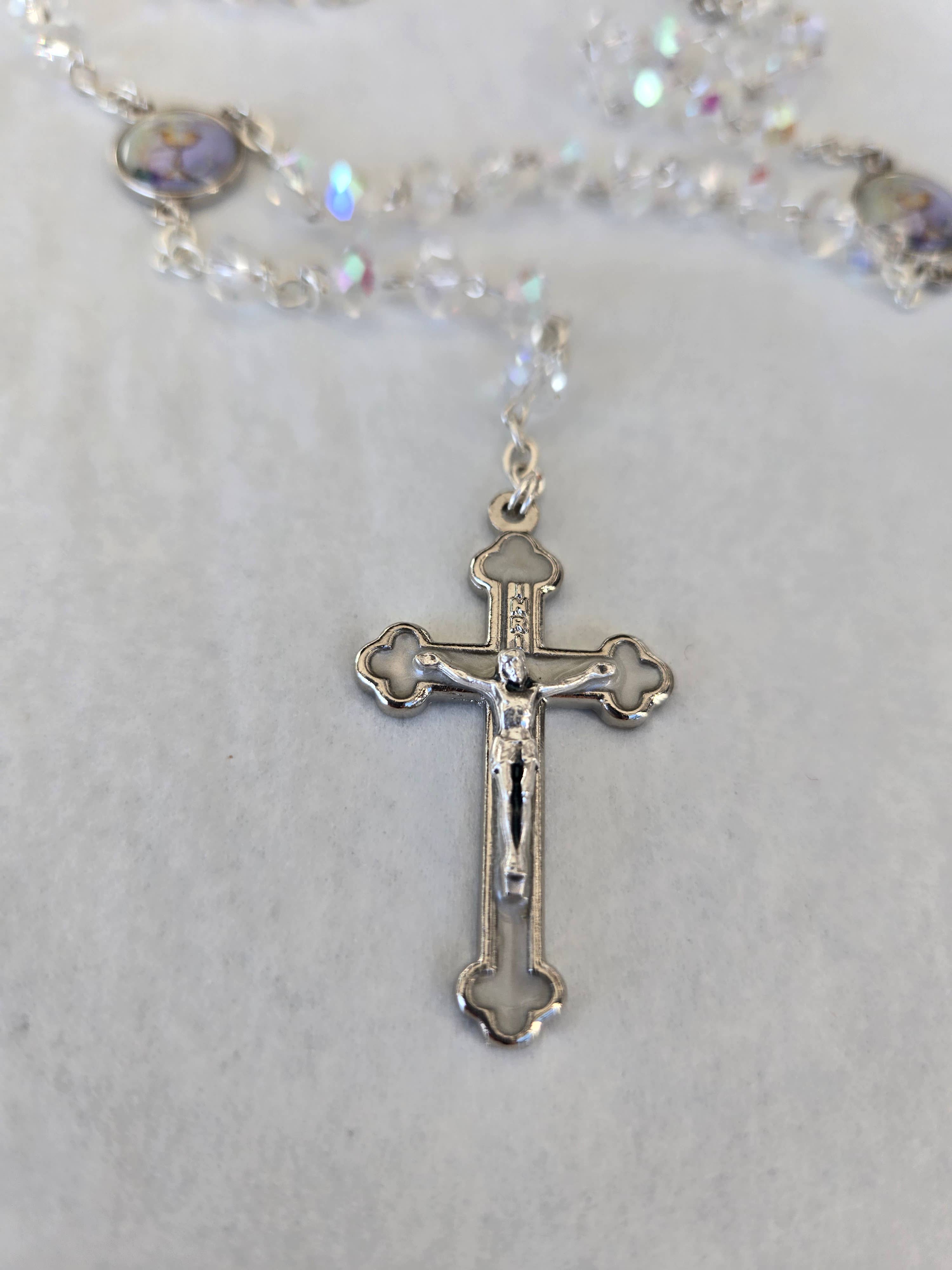 First Communion Rosary - Clear Aurora Borealis beads