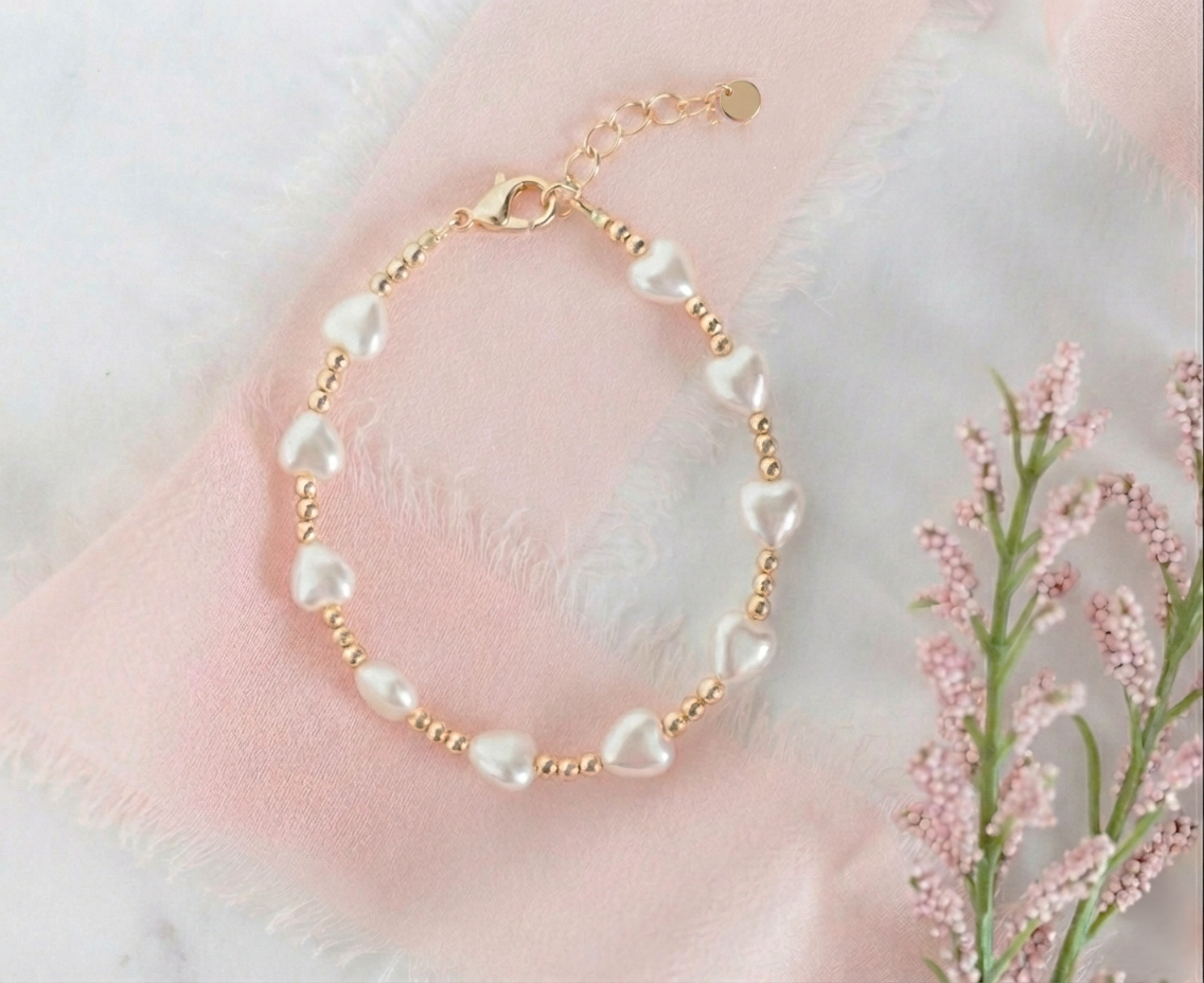 Girls 14K Gold-Plated Heart Pearl Baby Beaded Bracelet