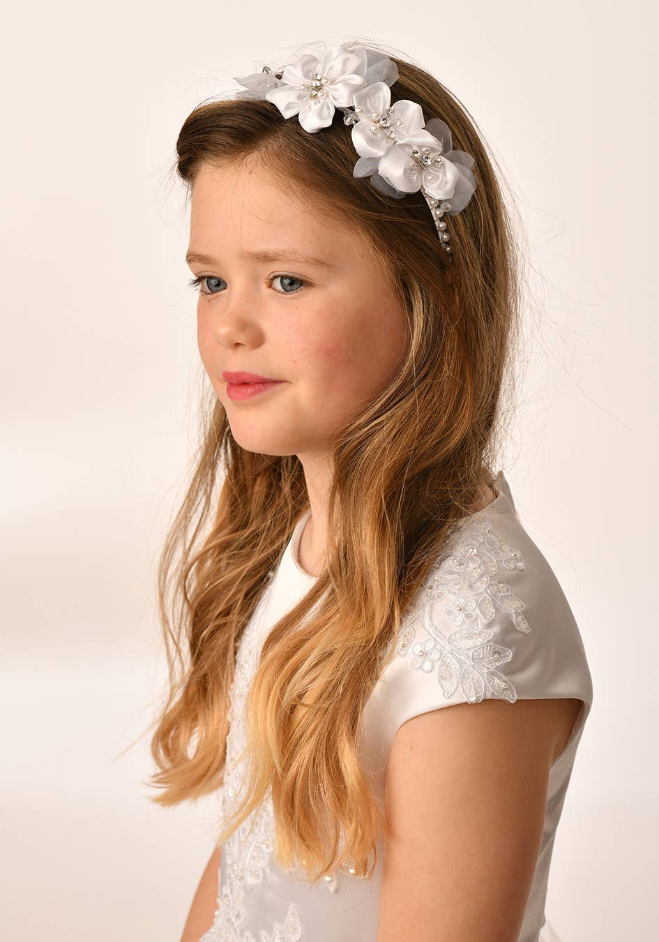 Pearl Hairband with Side Satin Embellished Flowers (HD-11)