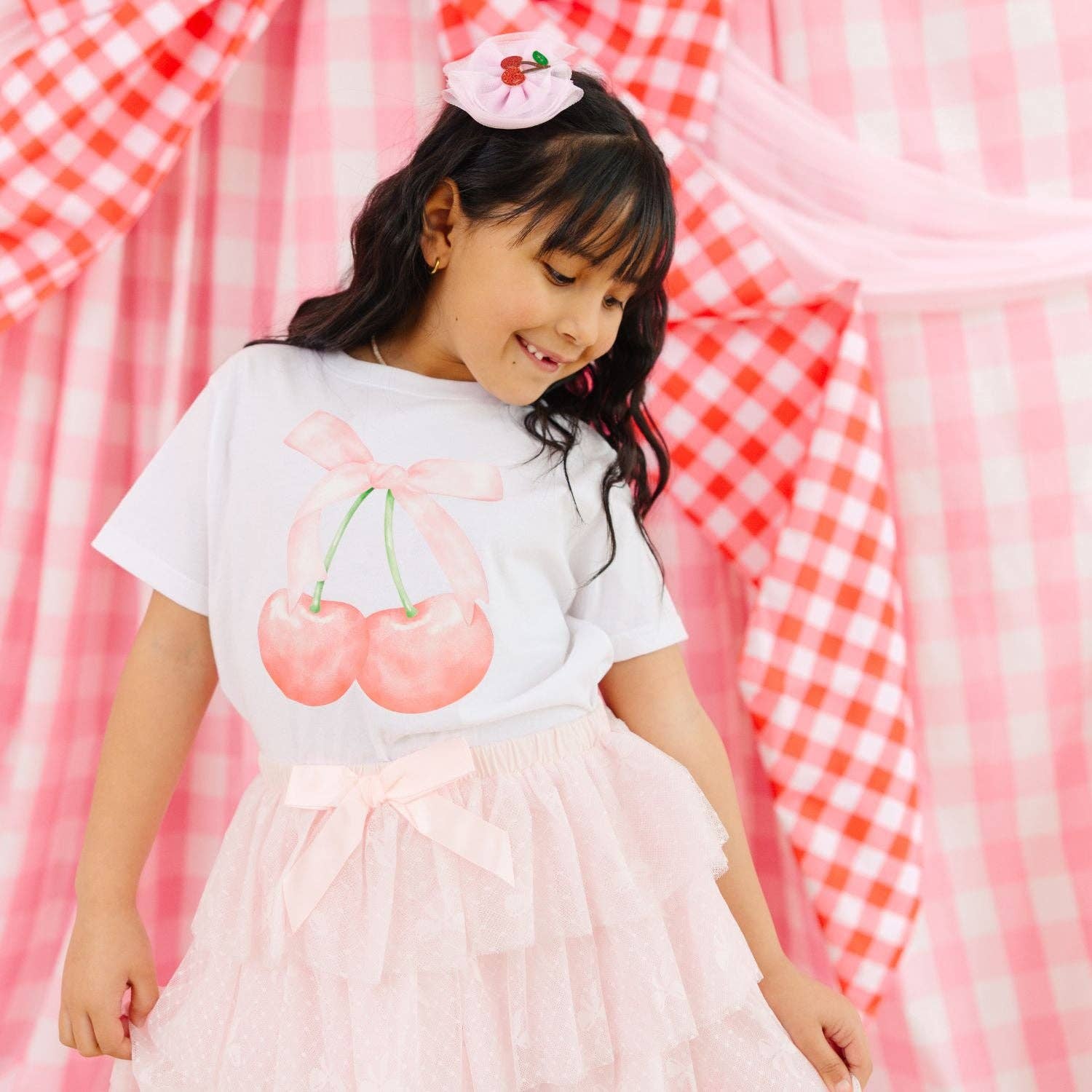 Cherry Tulle Bow Clip  - Kids Hair Bow