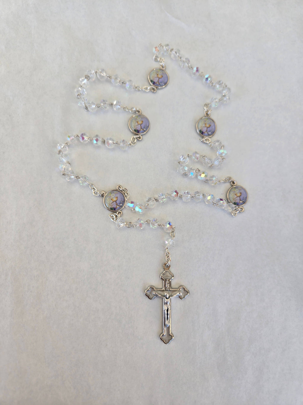 First Communion Rosary - Clear Aurora Borealis beads