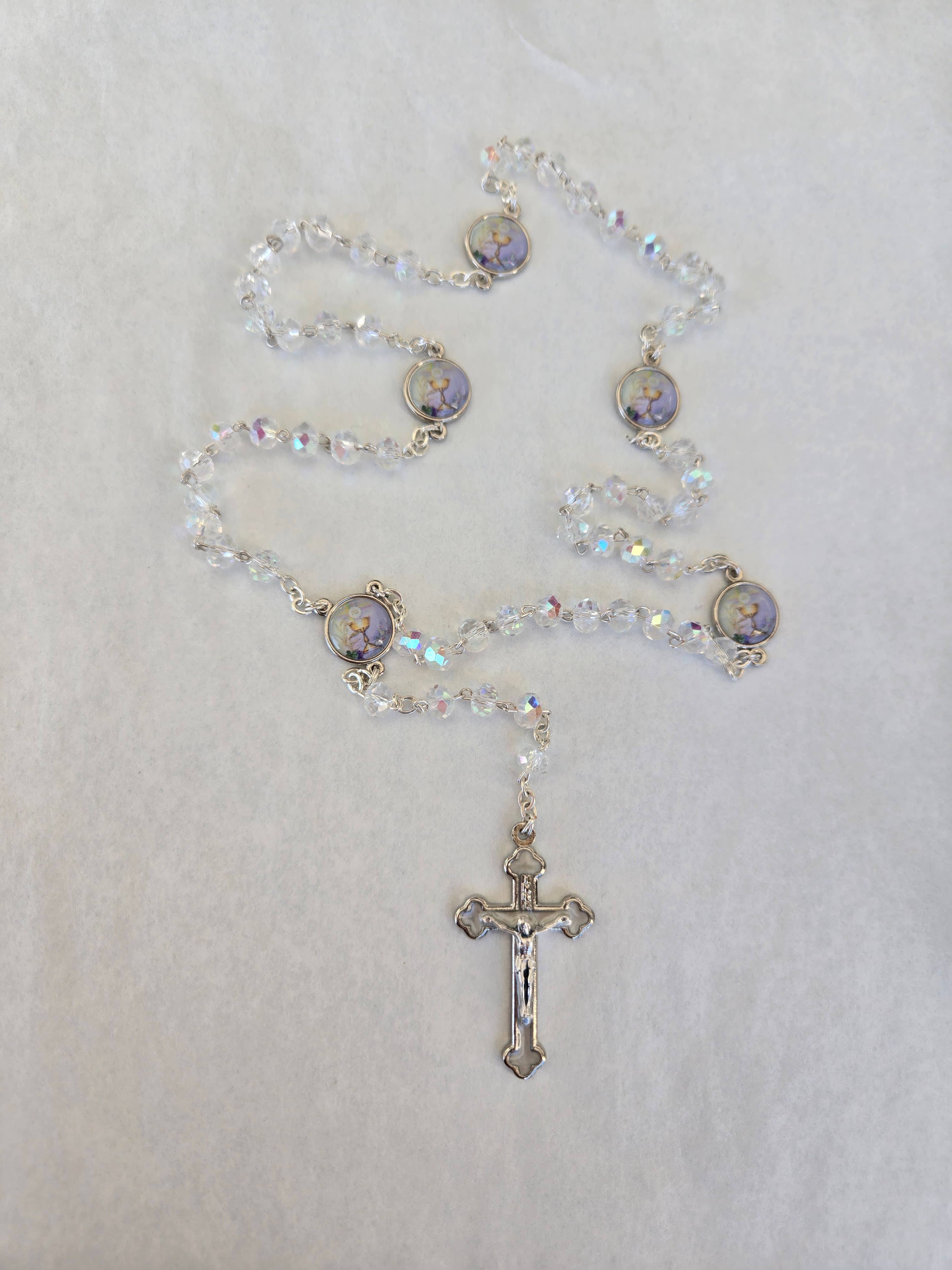 First Communion Rosary - Clear Aurora Borealis beads