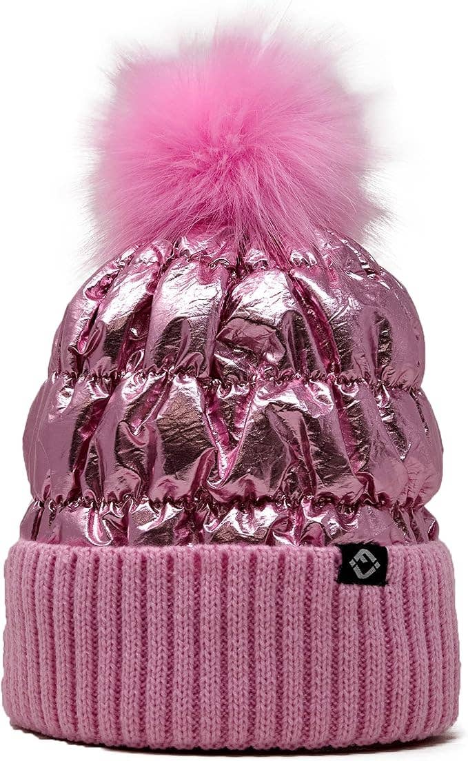 Faux Fur Pom Beanie - Metallic Pink