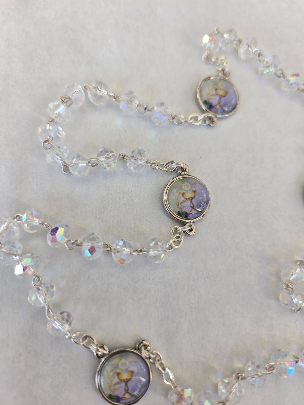 First Communion Rosary - Clear Aurora Borealis beads