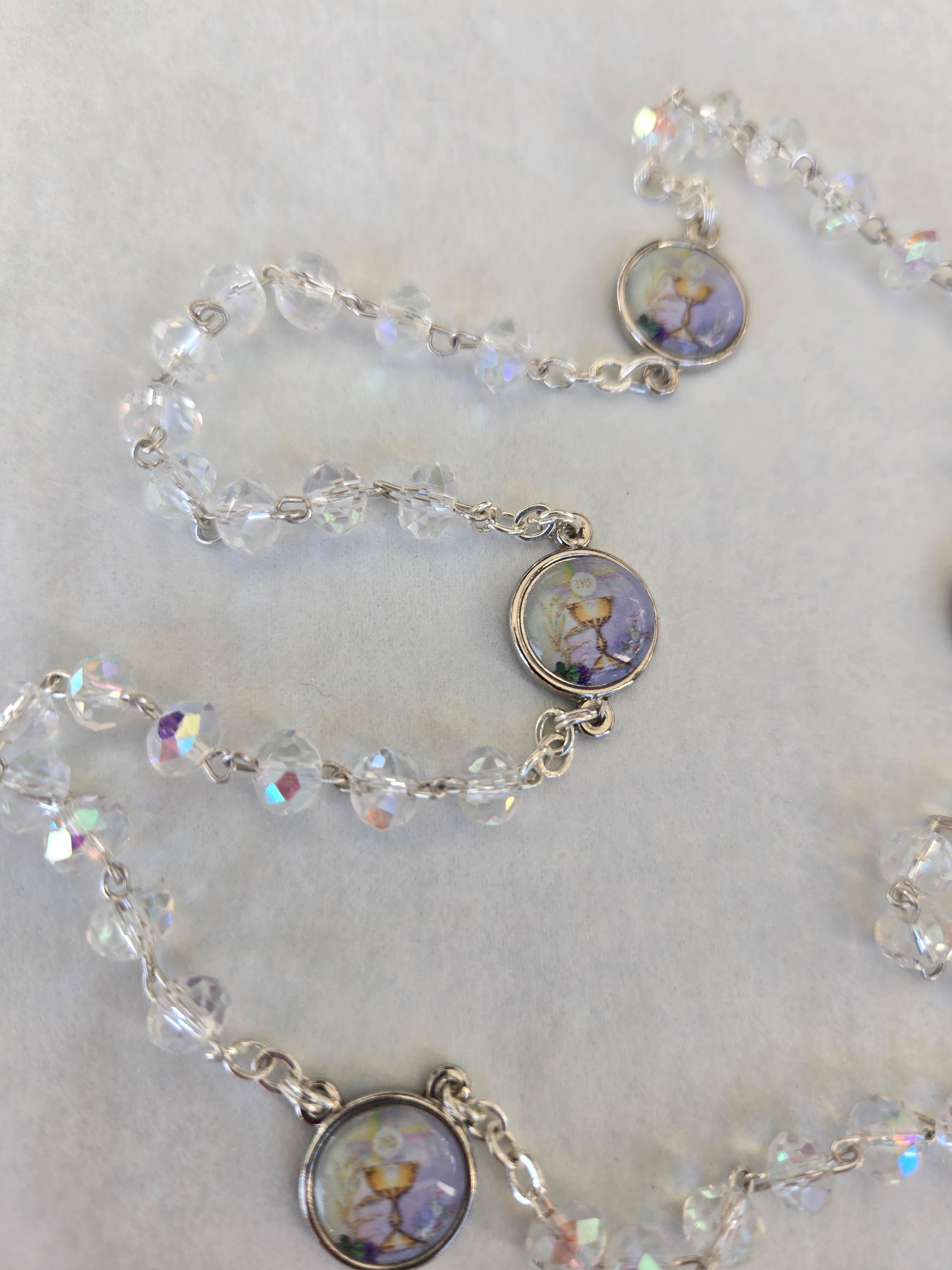 First Communion Rosary - Clear Aurora Borealis beads