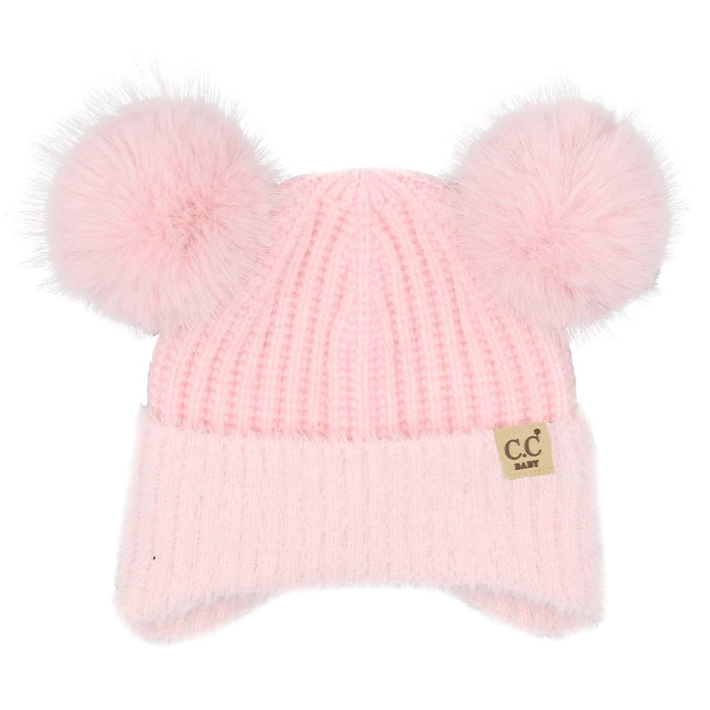 Infant Double Pom Chenille Earflap Beanie - Light Pink
