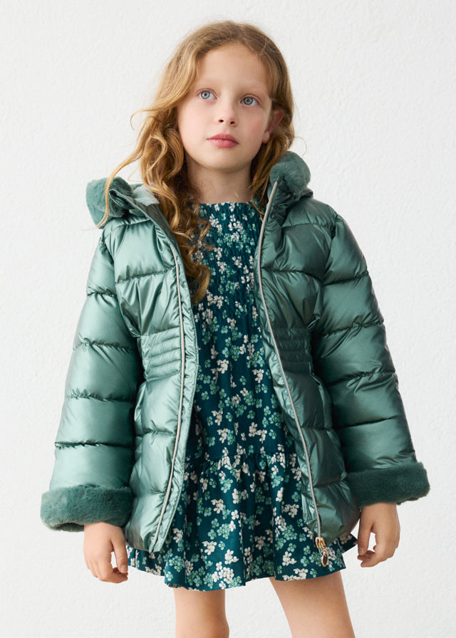 Metallic fauxfur puffer jacke
