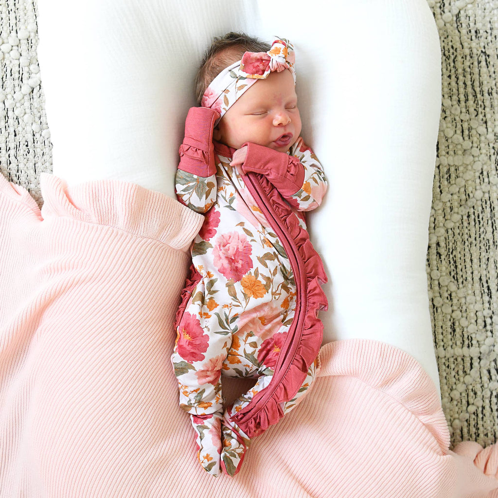 Felicity RUFFLE ZIP Bamboo Floral One Piece Baby Outfit