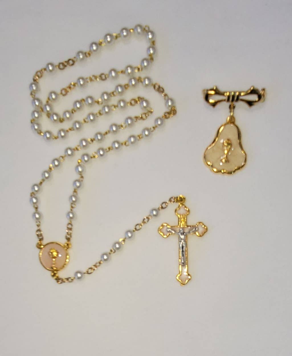 First Communion Pearl Rosary & Chalice Pin set