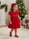 Smocked Corduroy Red Short Sleeve Dress