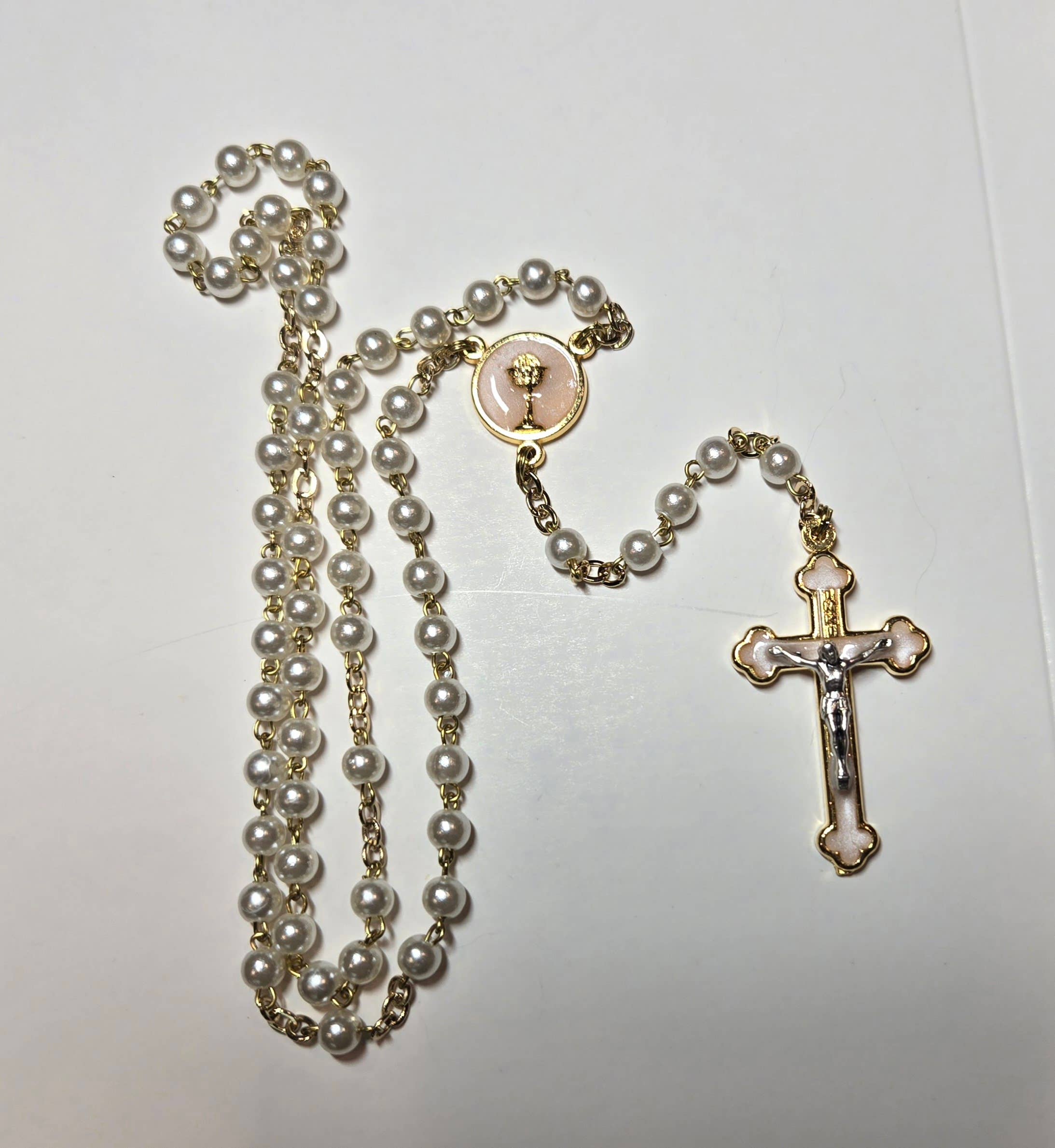 First Communion Pearl Rosary & Chalice Pin set