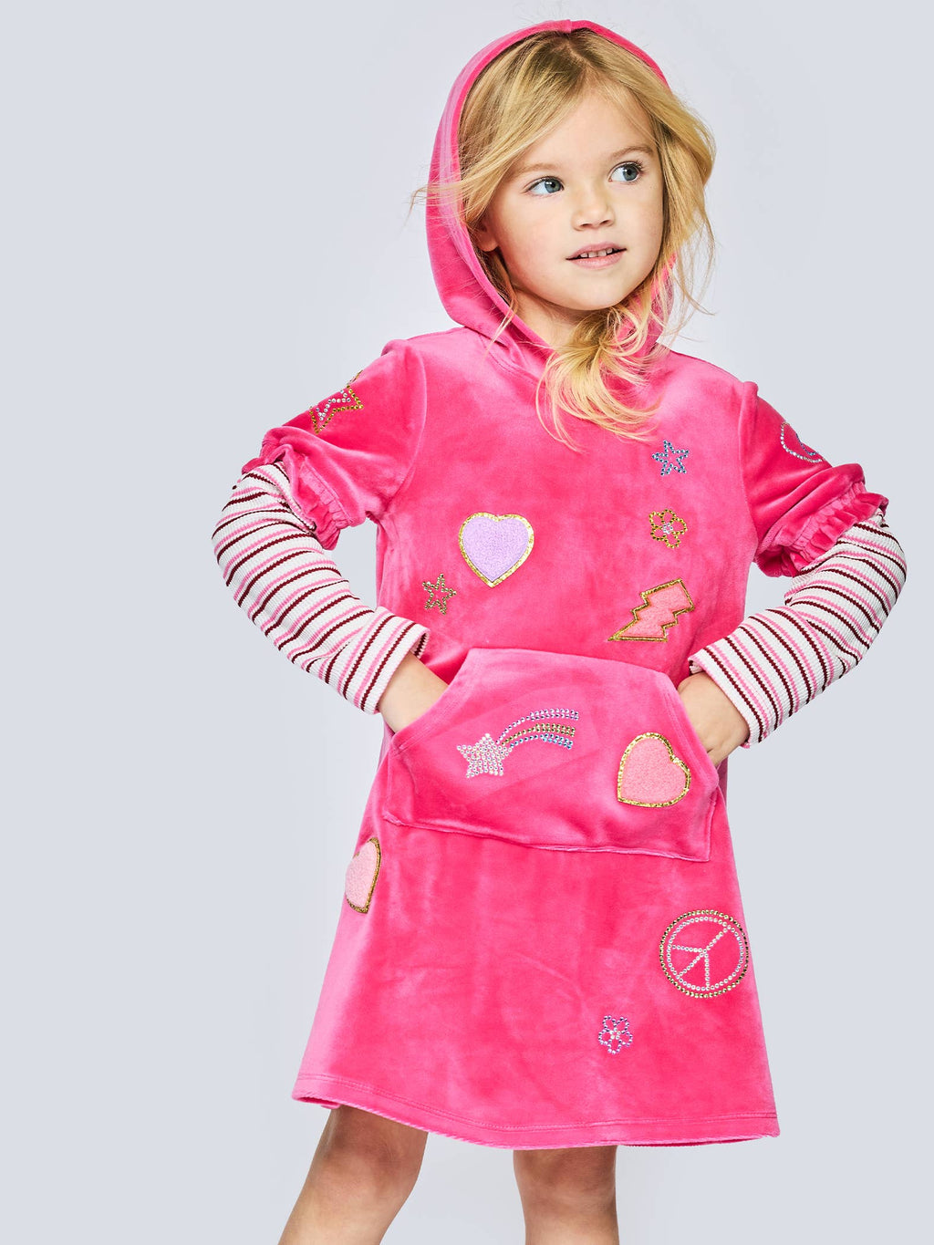L/s Velour Dress W/ Patch-Rhinestones