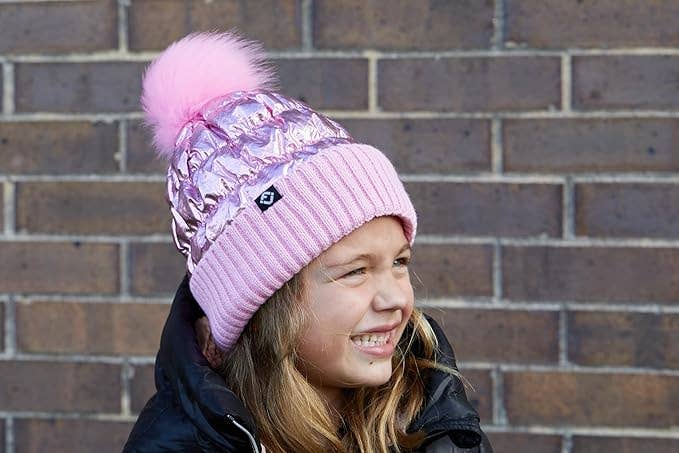 Faux Fur Pom Beanie - Metallic Pink