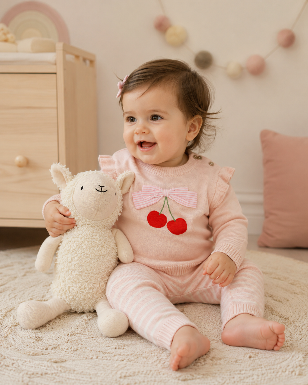 Cherry Bow Baby Pullover & Stripe Pants (Organic Cotton)