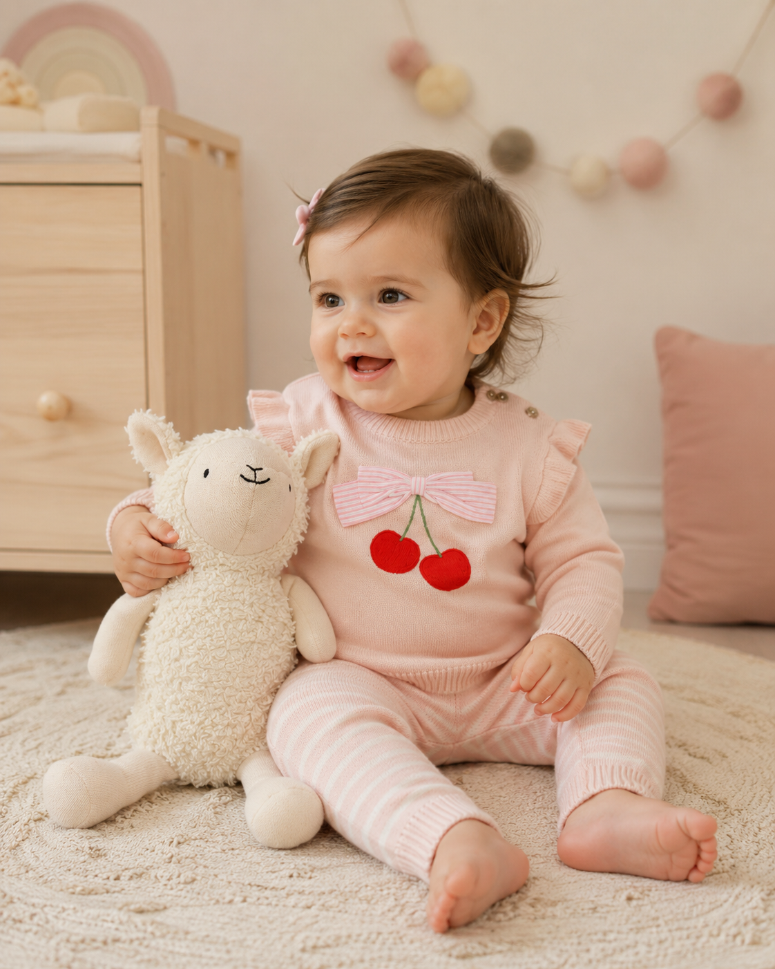 Cherry Bow Baby Pullover & Stripe Pants (Organic Cotton)