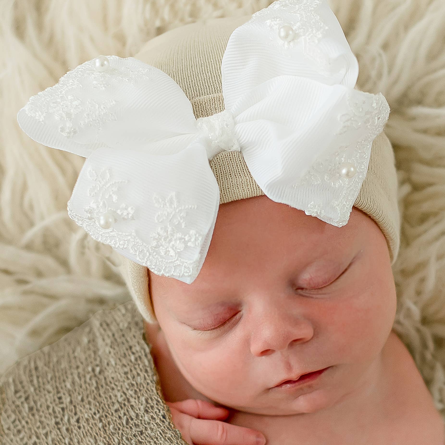 Ilybean Newborn Pink or Beige Lace and Pearl Trimmed Bow Hat