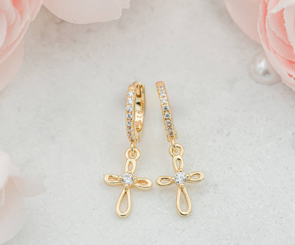 14K Gold-Plated Huggie with Cross Earrings for Kids, Girls