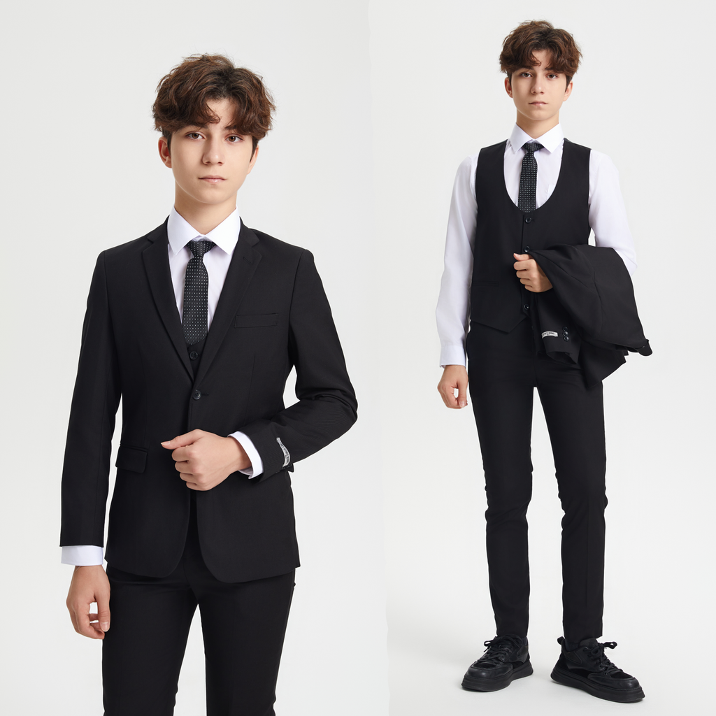 Stacy Adams Boys Suit 5-Piece w/ Dress Shirt & Tie, Black