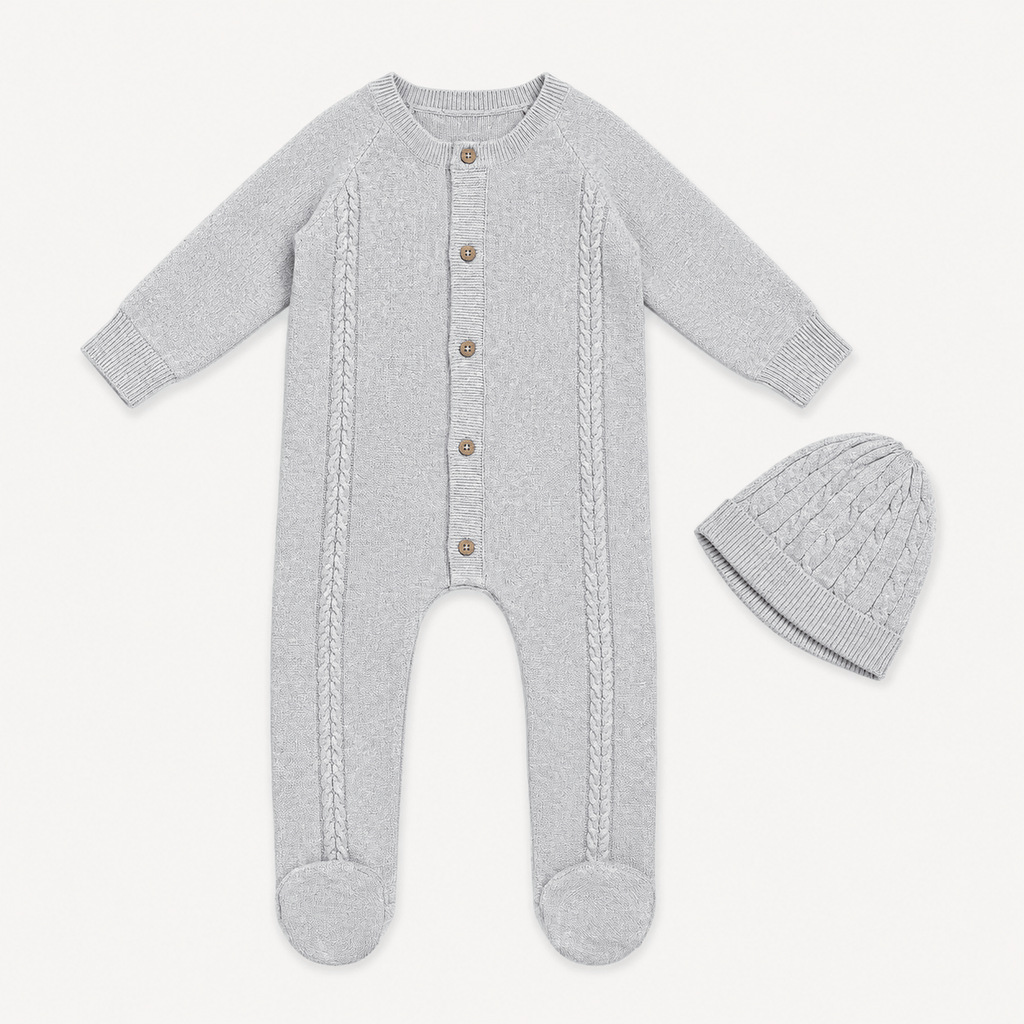 Milan Cable Knit Baby Footie Jumpsuit & Hat SET (Organic)