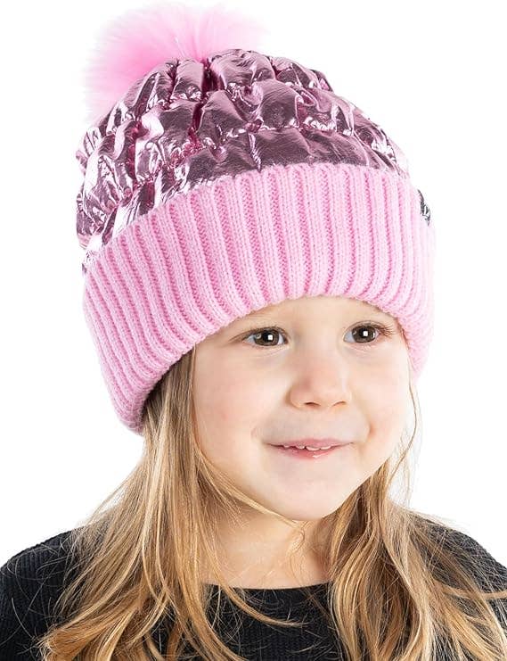 Faux Fur Pom Beanie - Metallic Pink