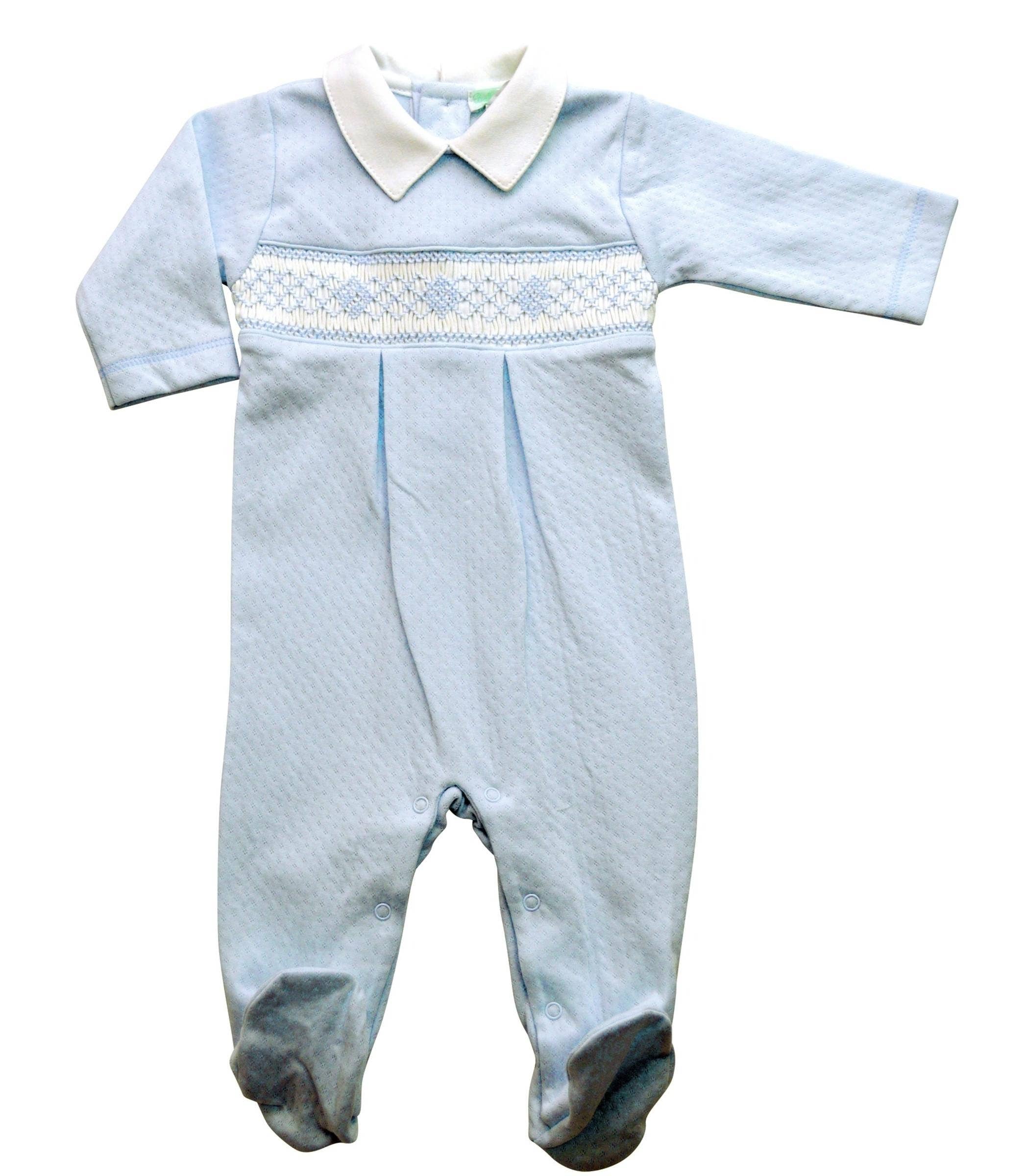 Baby Boy's Blue Jacquard Hand Smocked Footie