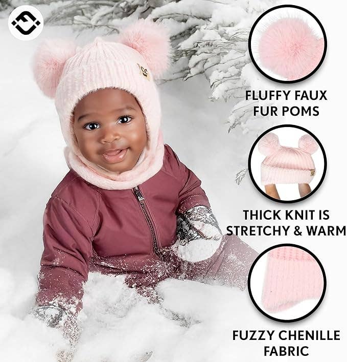 Infant Double Pom Chenille Earflap Beanie - Light Pink
