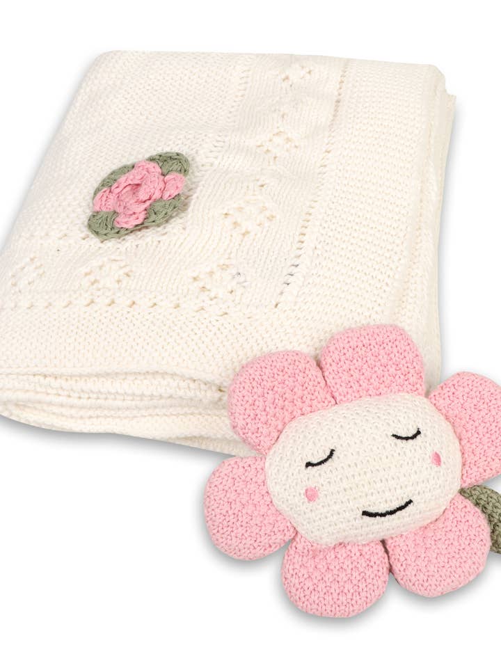 Flower Pointelle knot baby blanket and Flower Rattle set