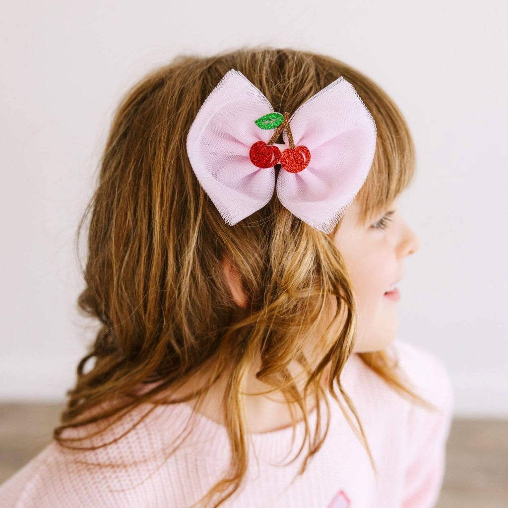 Cherry Tulle Bow Clip  - Kids Hair Bow