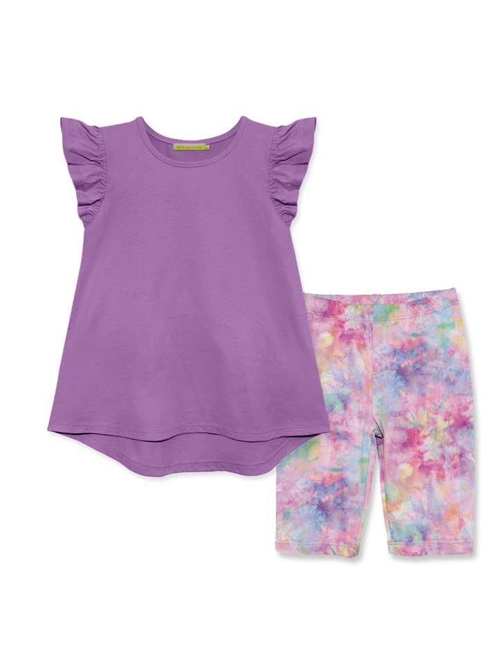 Purple Hi-Low Top & Candy Tie-Dye Bike Shorts