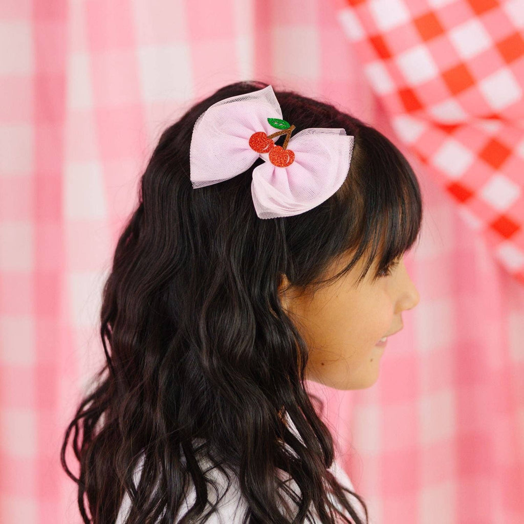 Cherry Tulle Bow Clip  - Kids Hair Bow
