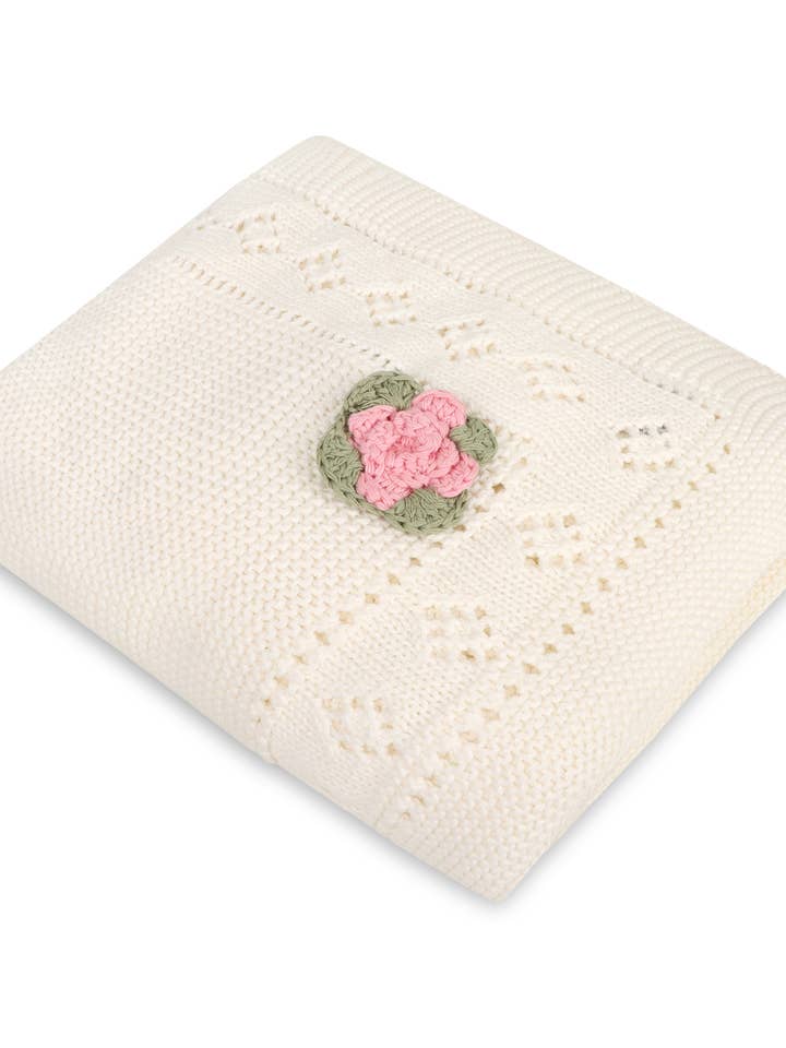 Flower Pointelle knot baby blanket and Flower Rattle set