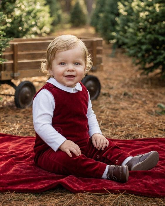 Baby Boy Red Velvet Romper w/ White Shirt
