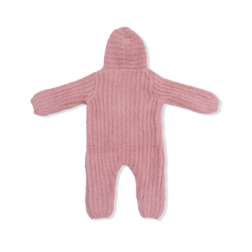 Chenille - Rose Hooded Romper with Striped Texture