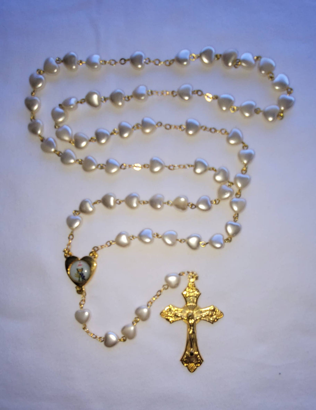 First Communion heart shape pearl rosary w/gold cross