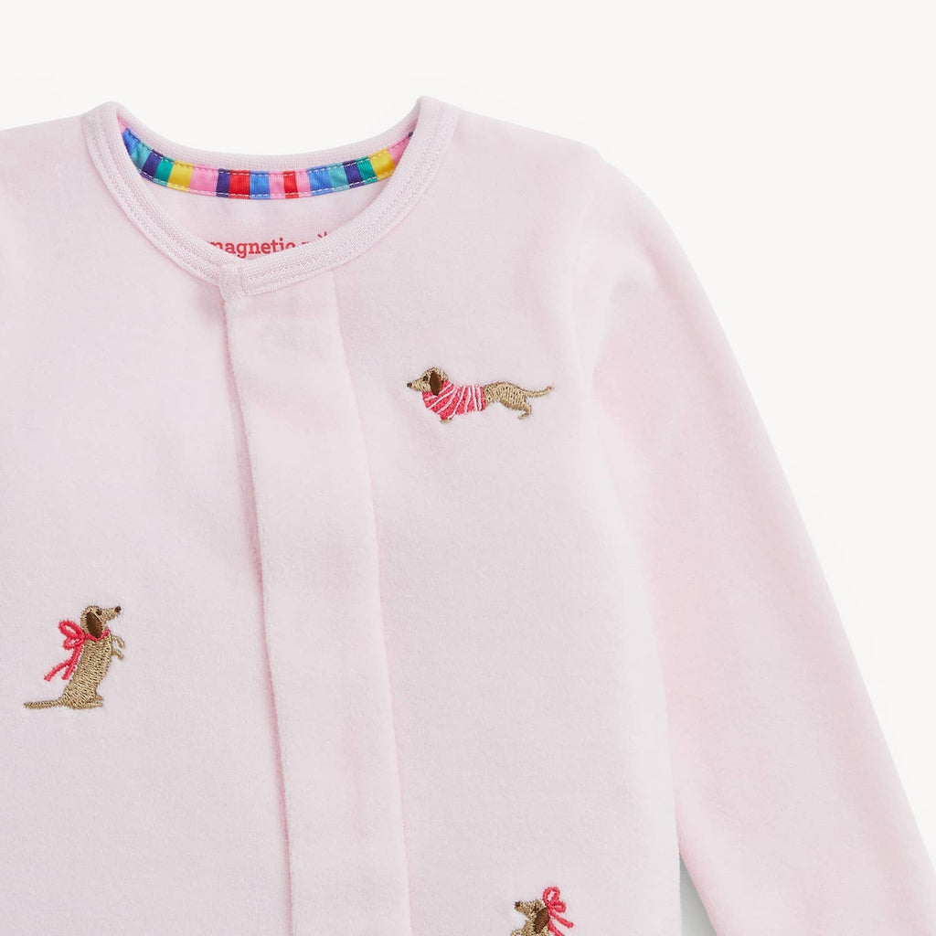 EMBROIDERY DOGS PINK VELOUR FOOTIE
