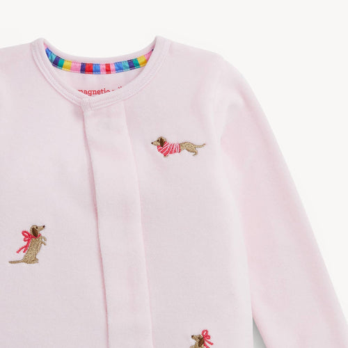 EMBROIDERY DOGS PINK VELOUR FOOTIE