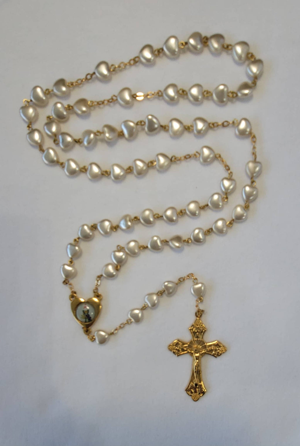First Communion heart shape pearl rosary w/gold cross