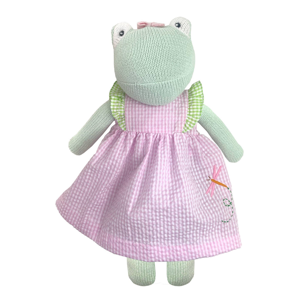 Knit Frog Doll with Pink Check Dragonfly Dress