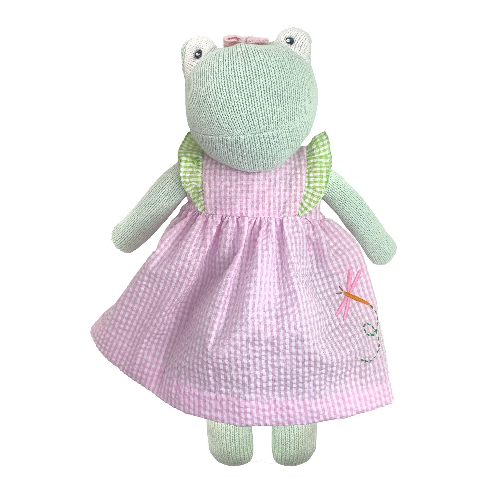 Knit Frog Doll with Pink Check Dragonfly Dress