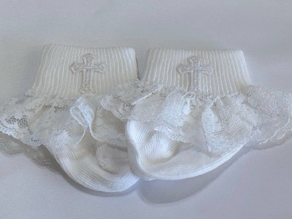 Girl's White Baby Socks With Crosses (One Pair)