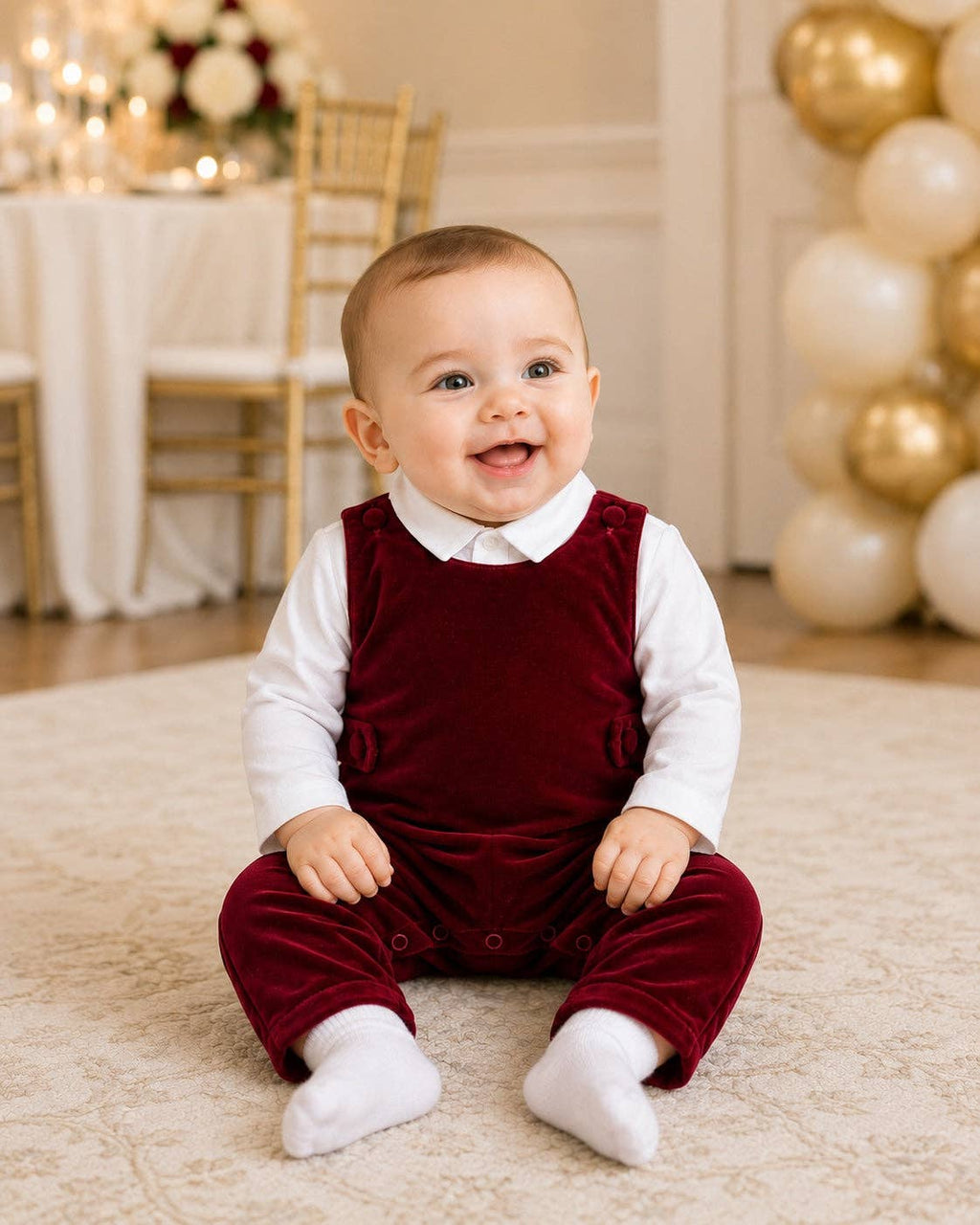 Baby Boy Red Velvet Romper w/ White Shirt