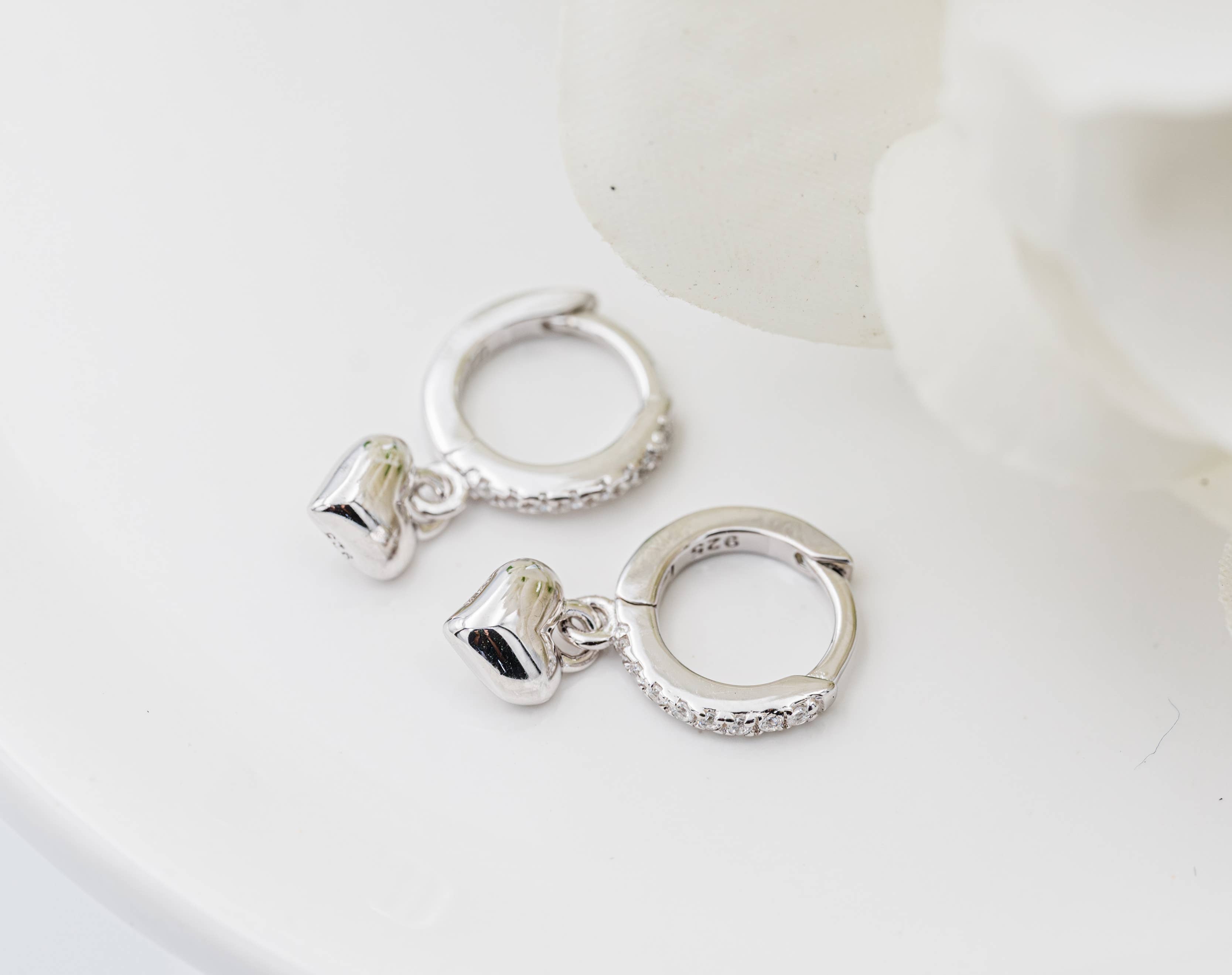 Sterling Silver Huggie with Heart Earrings for Kids, Girls