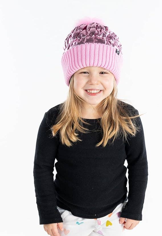 Faux Fur Pom Beanie - Metallic Pink