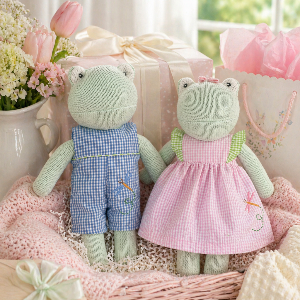 Knit Frog Doll with Pink Check Dragonfly Dress
