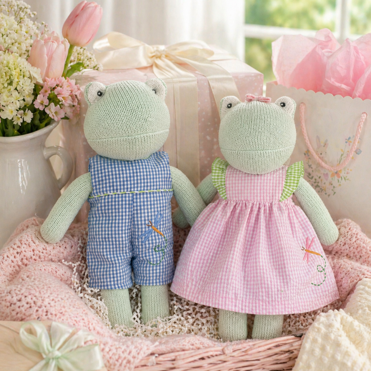 Knit Frog Doll with Pink Check Dragonfly Dress