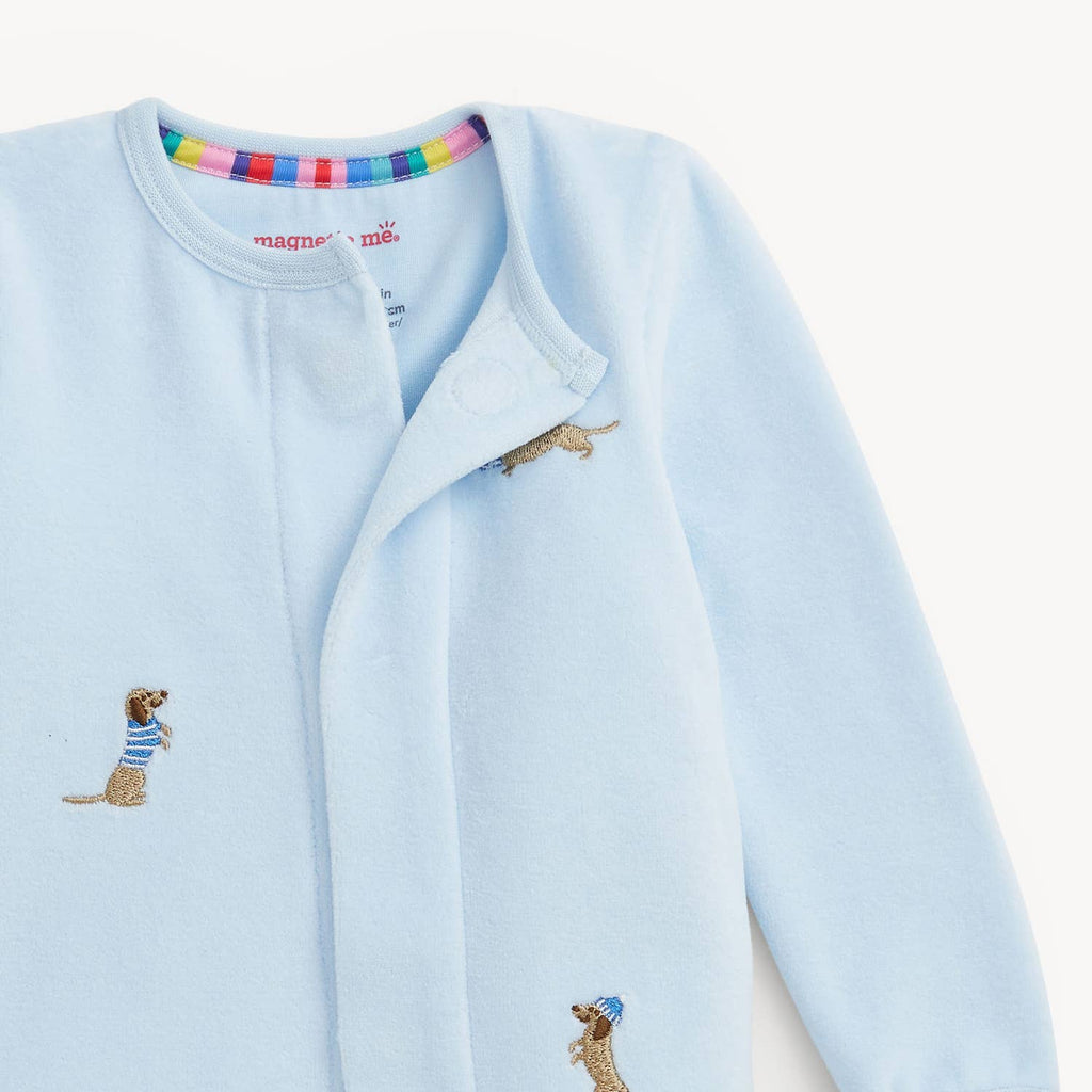 EMBROIDERY DOGS BLUE VELOUR FOOTIE