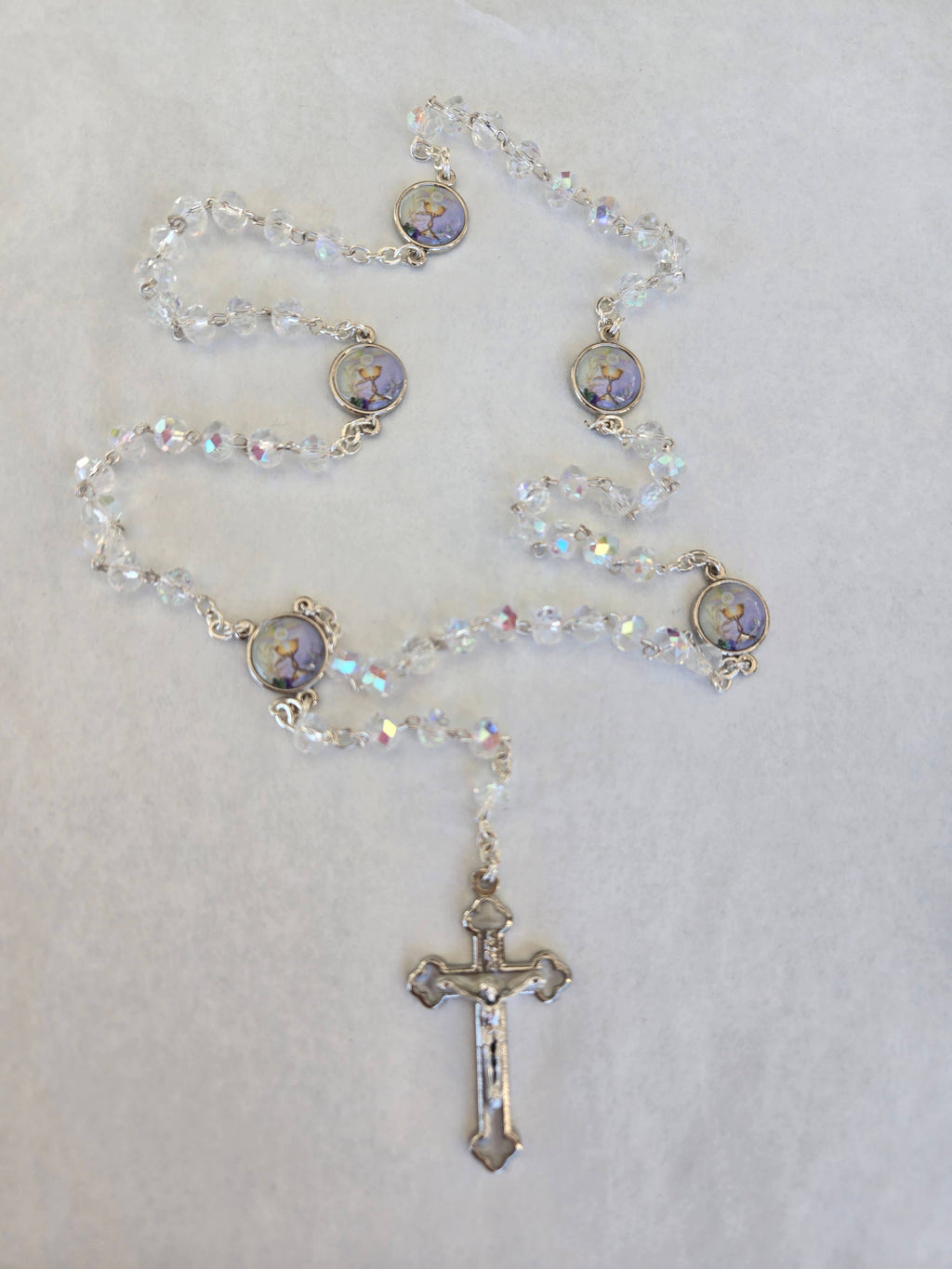 First Communion Rosary - Clear Aurora Borealis beads
