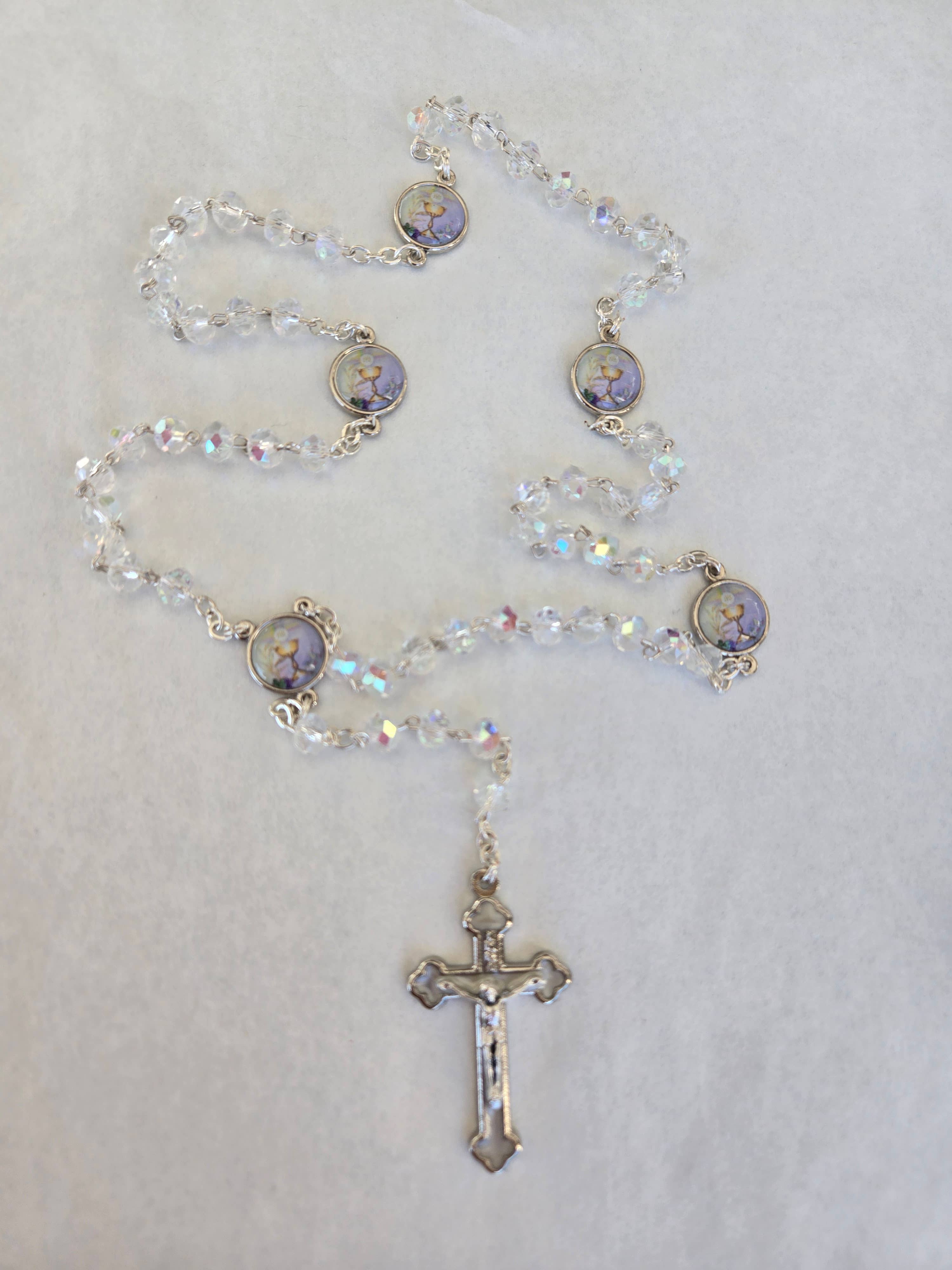 First Communion Rosary - Clear Aurora Borealis beads