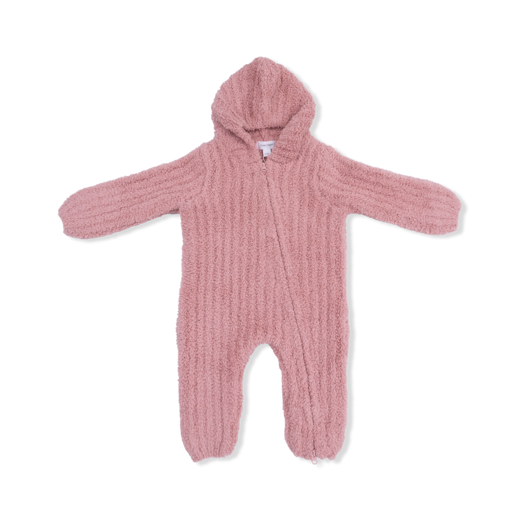 Chenille - Rose Hooded Romper with Striped Texture